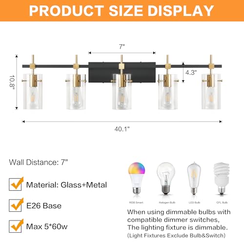 40.1 inch Vintage Brass Bathroom Vanity Light fixtures Bathroom Wall Lights Over Mirror with Glass Shade 5 Light