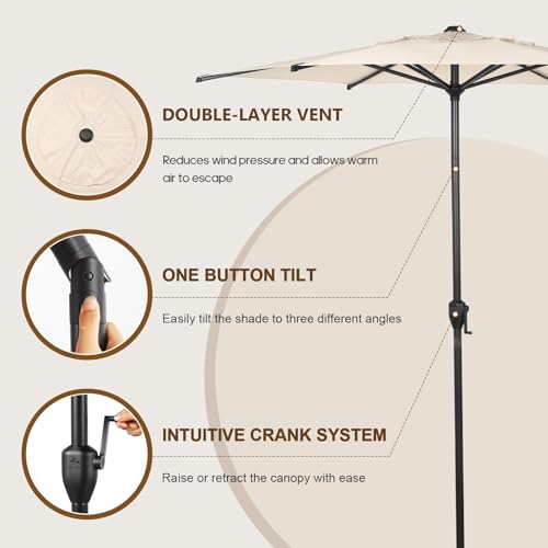 7.5FT Lyon Outdoor Patio Umbrella Outdoor Table Umbrella with Push Button Tilt and Crank Market Umbrella 6 Sturdy Ribs UV Protection Waterproof for Garden Deck Backyard Pool Beige