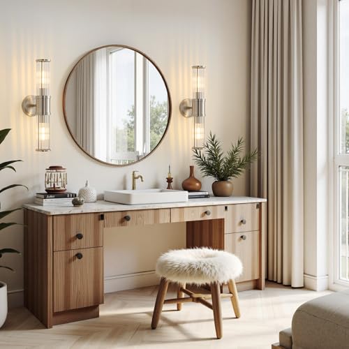 Hardwired Nickel Bathroom Vanity Light Glass Rod Wall Sconce