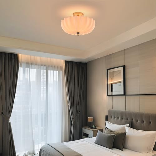 Modern Gold Semi Flush Mount Ceiling Light with Milky Flower Glass