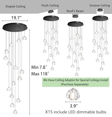 LED Glam Chandelier 118 inches Long Light Luxury Crystal Ceiling Chandeliers Remote Dimmable High Ceiling Pendants Lighting Fixtures Black 15 Lights