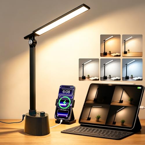 Small Desk Lamp with USB C Charging Port 5 Colors Stepless Dim Black (Matte Black / Compact)