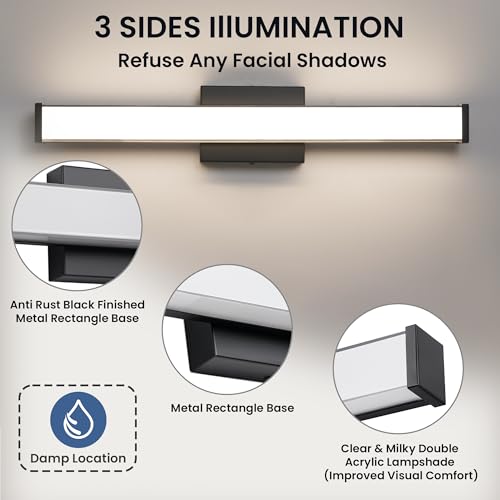 Modern LED Bathroom Vanity Light 24 inch 18W Dimmable 3CCT Bathroom Light Fixture Over Mirror Rectangle Bath Vanity Light Bar with Double Layer Acrylic Shade (24 inch(es))