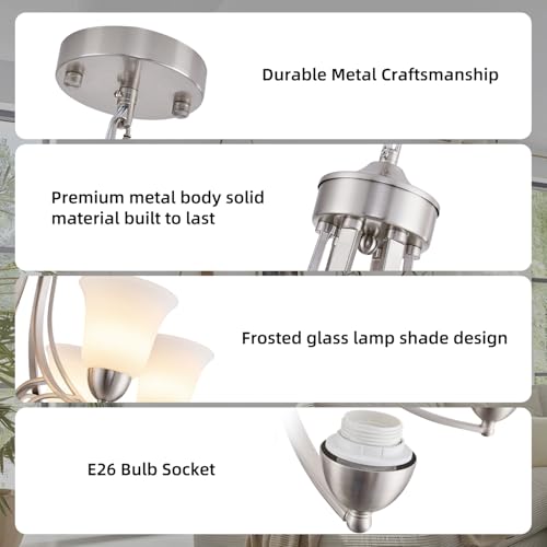 6 Lights Brushed Nickel Dining Room Light Fixture Farmhouse Modern Chandelier Pendant Light Silver Adjustable Ceiling Hanging Lighting with Frosted Glass for Kitchen Island Living Room Foyer (6 Count)