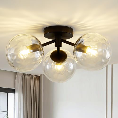 Black Globe Semi Flush Mount Ceiling Light Hammered Glass Ceiling Lights