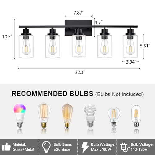5 Light Bathroom Light Fixtures Black Vanity Light Over Mirror Modern Farmhouse Wall Lighting Sconces Wall Lamp for Bathroom