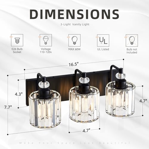 3 Light Black Bathroom Light Fixtures Over Mirror Modern Vanity Lights Crystal Wall Sconce Vintage Bathroom Lighting with Crystal Shade E26 Base for Bedroom