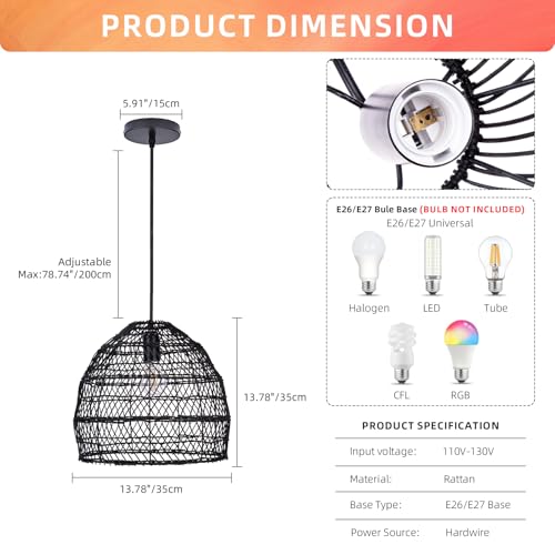 13.75" Black Woven Pendant Lighting Fixture for Living Room