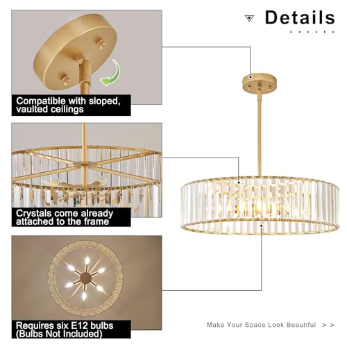 Crystal Gold Semi Flush Ceiling Light 19.68 Inch