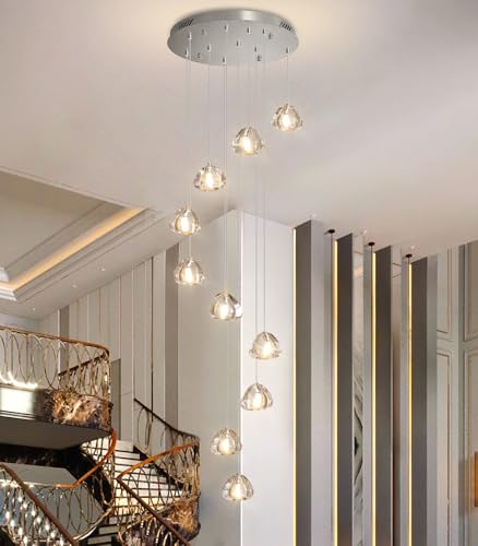 Glam Chandelier with LED Dimmable Bulbs Bubble Crystal Balls Glam Chandeliers High Ceiling Pendants Light Fixtures Adjustable Long Lights Brushed Nickel