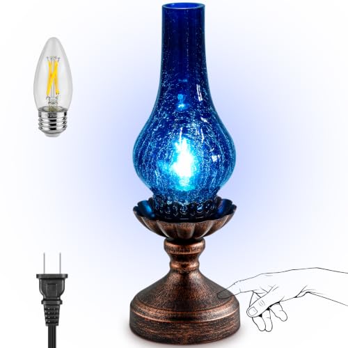 Vintage Table Lamp with Blue Crackle Glass Shade