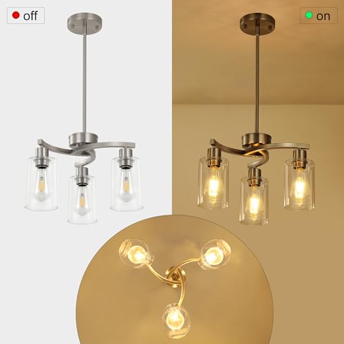 3 Light Brushed Nickel Dining Room Light Fixture,Modern Kitchen Chandeliers Over Table，Adjustable Height Industrial Hanging Pendant Lights for Kitchen Island with Glass Shade