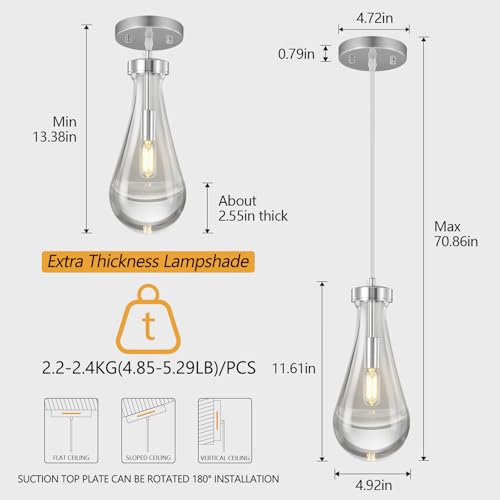 Raindrop Pendant Lights Kitchen Island Set of 2 Teardrop Chrome Hanging Light Fixtures Clear Solid Glass Pendant Light Modern Chandeliers for Dining Room Porch Corridor Living Room (2 Count)