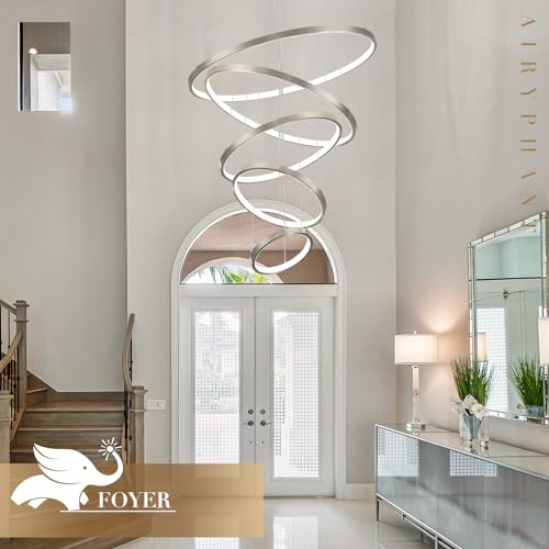 5 Rings Brushed Nickel Ring Chandeliers Moedrn LED Chandeliers Dimmable Foyer Chandelier for High Ceiling Dimmable Contemporary Nickel Chandelier for Living Room Staircase Entryway
