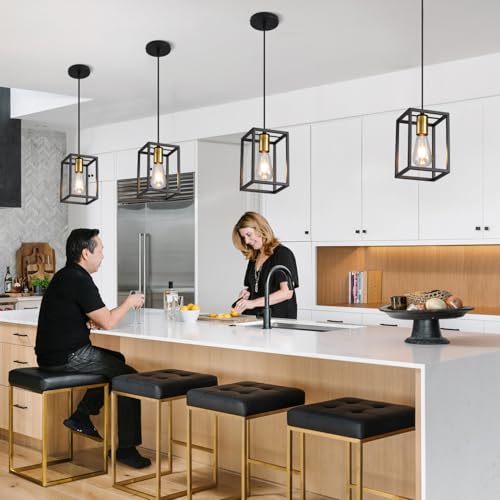 Black Pendant Lights for Kitchen Island Industrial Lantern Pendant Light Fixtures with Golden lamp Cup (3 Count)