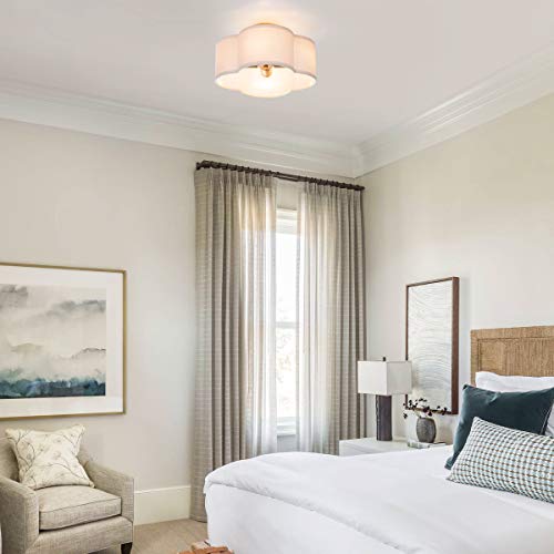 Modern Flush Mount Ceiling Light Fixture Farmhouse White Fabric Semi Ceiling Lamps with Gold 4 Lights Drum Shade for Bedroom Dining Room Entryway Hallway Nursery