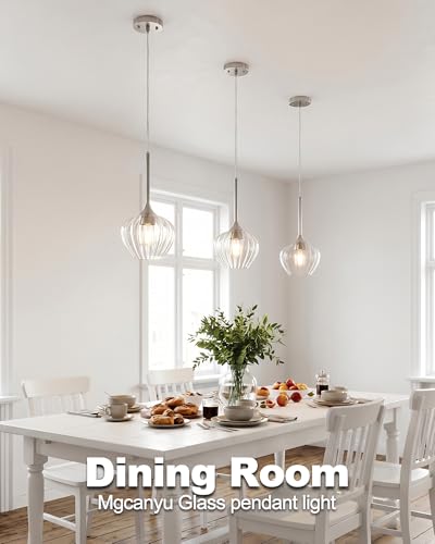 Brushed Nickel Pendant Lights Kitchen Island with Ribbed Glass Shade