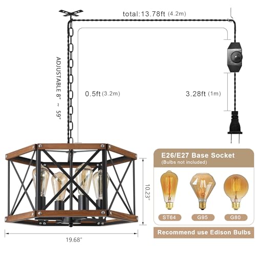 4 Light Large Rustic Farmhouse Plug in Pendant Light Fixture with Adjustable Chain