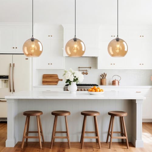 Amber Glass Pendant Lights Kitchen Island Globe Pendant Light Fixtures Modern Pendant Lighting for Bedroom Living Dining Room Light Fixture (3 Count)