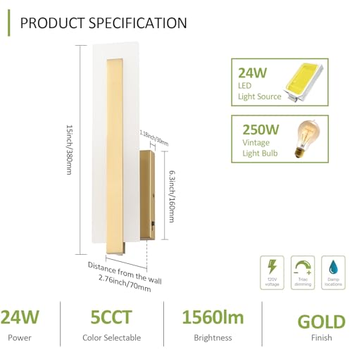 Hardwired Gold Dimmable Modern LED Wall Sconce 3000K 3500K 4000K 5000K 6000K Indoor Wall Lights Up and Down Wall Mount Light for Living Room Bedroom Hallway Corridor