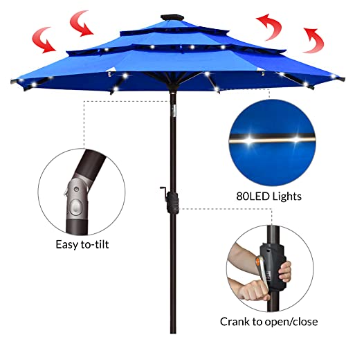 USA 10-Year-Non-Fading 9ft 3-Tier Market Patio Umbrella, Commercial Table Umbrella with 80 Solar LED Lights, Crank Open, Windproof & UPF 50+ UV Protection for Garden, Deck, Pool, Backyard, Royal Blue