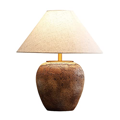 Rustic Farmhouse Clay Pot Table Vintage Distressed Ceramic Table Lamp with White Fabric Lampshade American Southwestern Textured Ceramic Lamp for Living Room Bedroom Office