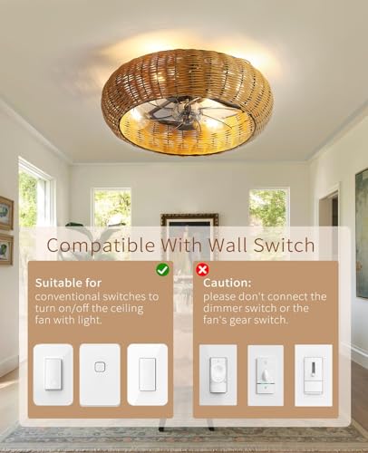 20" Boho PC Woven Low Profile Caged Ceiling Fan with Light and Remote (Brown / Medium)