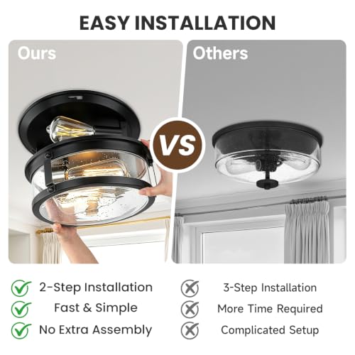 Farmhouse Black Flush Mount Ceiling Light Fixtures with Seeded Glass (Black)