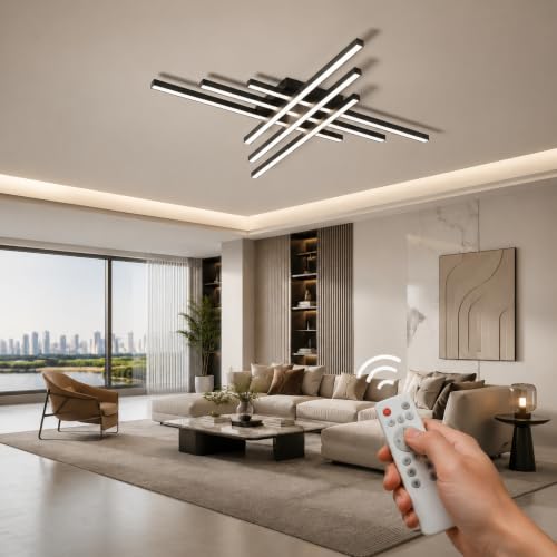 Modern LED Ceiling Lights 43.3" Black Flush Mount Ceiling Light Fixture Sputnik Dimmable Ceiling Lights with Remote Control for Bedroom Living Room Kitchen Room