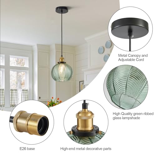 Vintage Green Ribbed Glass Pendant Lights for Kitchen Island 2 Pack