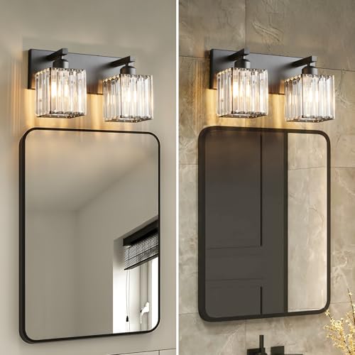 Modern 2 Light Black Crystal Bathroom Vanity Wall Light