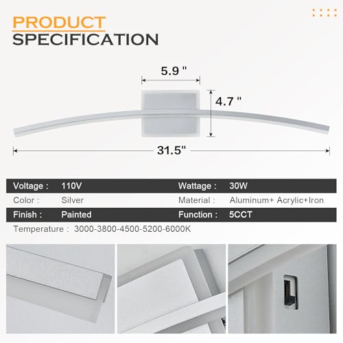 Modern LED Wall Sconce Silver LED Bathroom Light Fixtures Over Mirror Wall Lighting for Bathroom
