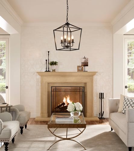 UL Listed Black Industrial 4 Light Lantern Chandelier Ceiling Light Fixtures Farmhouse Metal Cage Rustic Geometric Pendant Light for Kitchen Island Entryway Dining Room Stairs and Hallway
