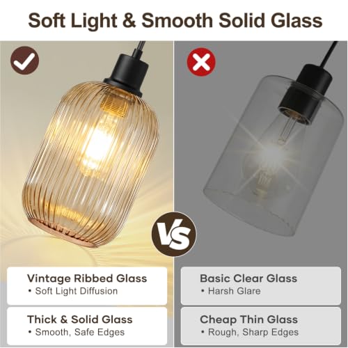 2 Pack Pendant Lights with Vintage Amber Ribbed Glass Lampshade (2 Count)