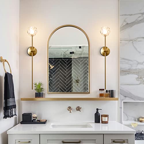1 Light Antique Brass Wall Sconce Lighting Fixture Modern Clear Crystal Ball Wall Sconce Lamp Brushed Gold Long Metal Wall Light Hardwired Bathroom Vanity Light Fixture