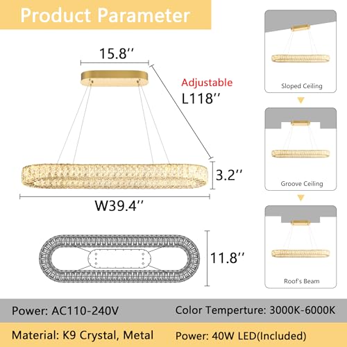 Oval Crystal Gold Chandelier Modern Dimmable LED Chandeliers for Dining Room Rectangular Light Fixture with Remote for Living Room Kitchen Light