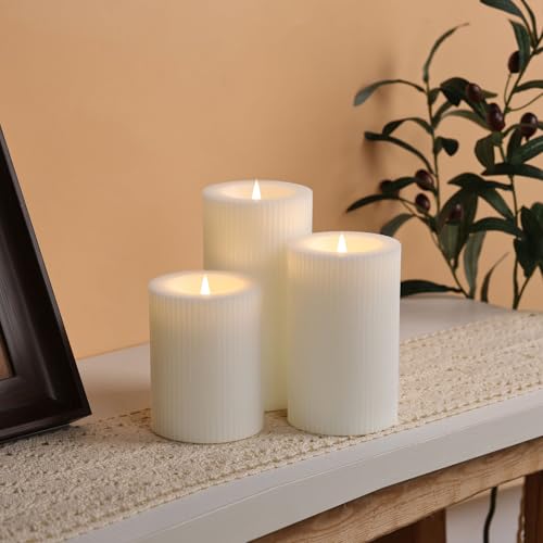 White Ribbed Moving Flame Flameless Pillar Candles with Remote (White)