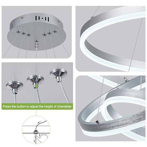 3 Rings Modern LED Chandelier Silver Dimmable Pendant Lighting with Remote Control Circular Flush Mount High Ceiling Light for Dining Room Living Room Entrance Foyer