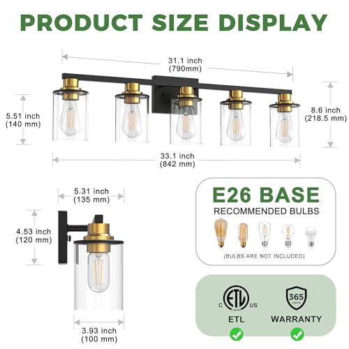5 Light Black Gold Bathroom Light Fixture Over Mirror (5 Count)