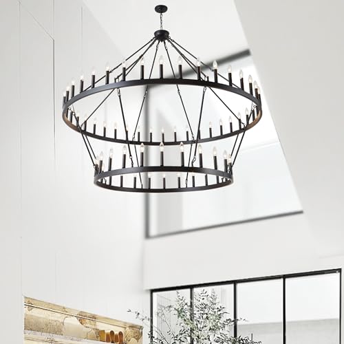 Rustic Farmhouse Wagon Wheel Chandelier Black Large Chandeliers for High Ceilings 2 Tier 64Lights 70 Inch for Dining Room Living Room Foyer Porch Kitchen Island