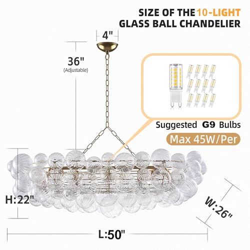 Nordic Bubble Ball Swirled Glass Long Chandelier 50 Inches Gold and Clear