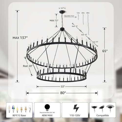 2 Tier Wagon Wheel Chandelier 80" Large Chandeliers for High Ceilings