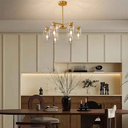 6-Light Modern Gold Chandelier Farmhouse Dining Room Light Fixture with Clear Glass Shade Hanging Ceiling Pendant Lighting for Kitchen Island Living Room Hallway