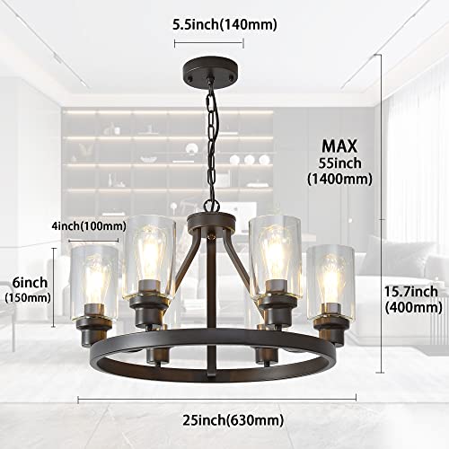 Farmhouse Chandelier Lighting Round 6 Lights Oil Rubbed Bronze with Glass Shade Ceiling Hanging Vintage Rustic Light Fixture for Dining Room Living Room Foyer Porch Kitchen Island