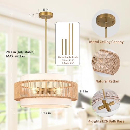 4 Light Rattan Chandelier for Dining Room