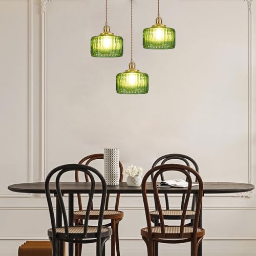 Lighting Green Pendant Light Mid Century Modern Hanging Light with Green Striped Glass Shade Vintage Kitchen Island Pendant Lights Gold Ceiling Pendant Light for Dining Room Bedroom