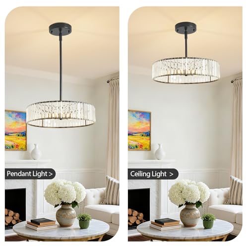 Adjustable Height Modern Black Crystal Chandelier 20 Inch (Black / 20 in)