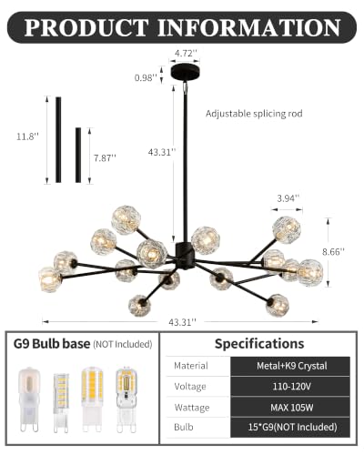 Modern Black 43" 15 Lights Crystal Chandelier