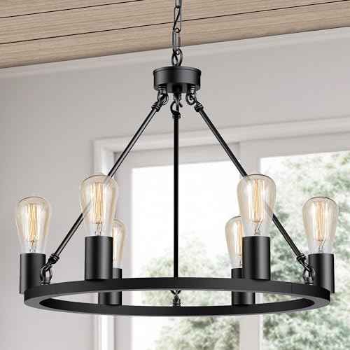 L LOHAS LED Black Farmhouse Chandeliers for Dining Room, 6-Light Wagon Wheel Chandelier Over Table, Height Adjustable, 19" Dining Room Light Fixtures, Modern Chandelier for Kitchen Island Living Room