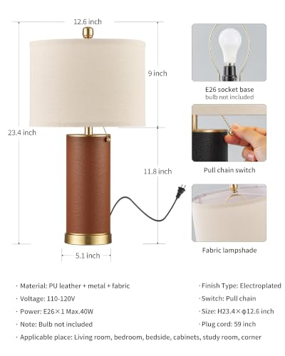 23.4" Brown PU Leather Table Lamps for Living Room Set of 2 (2 Count)